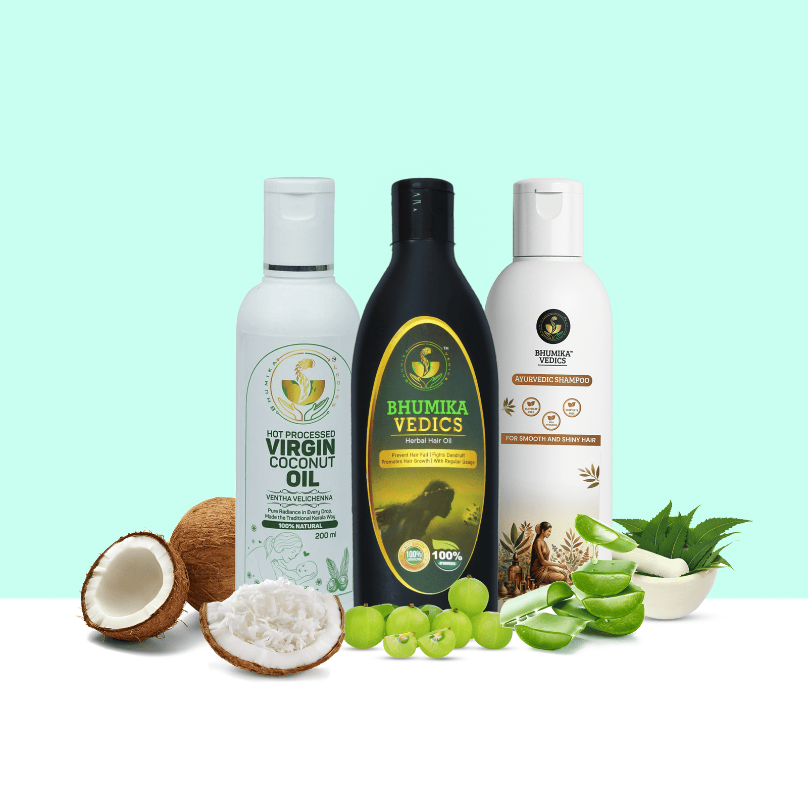 Virgin Coconut Oil + Ayurvedic Shampoo + Herbal Hair Oil (200 ml Each)